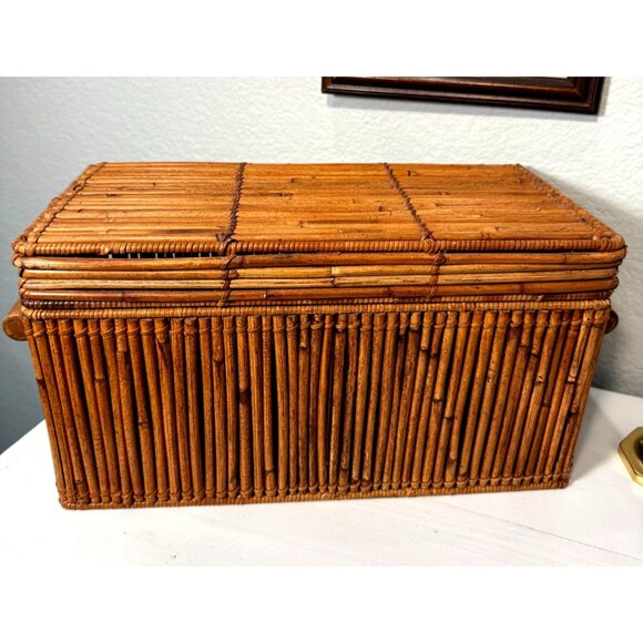 Bamboo Wicker Woven Vintage Lidded Storage Box Thailand 15 x 7 x 6.5 Inches - Picture 3 of 8